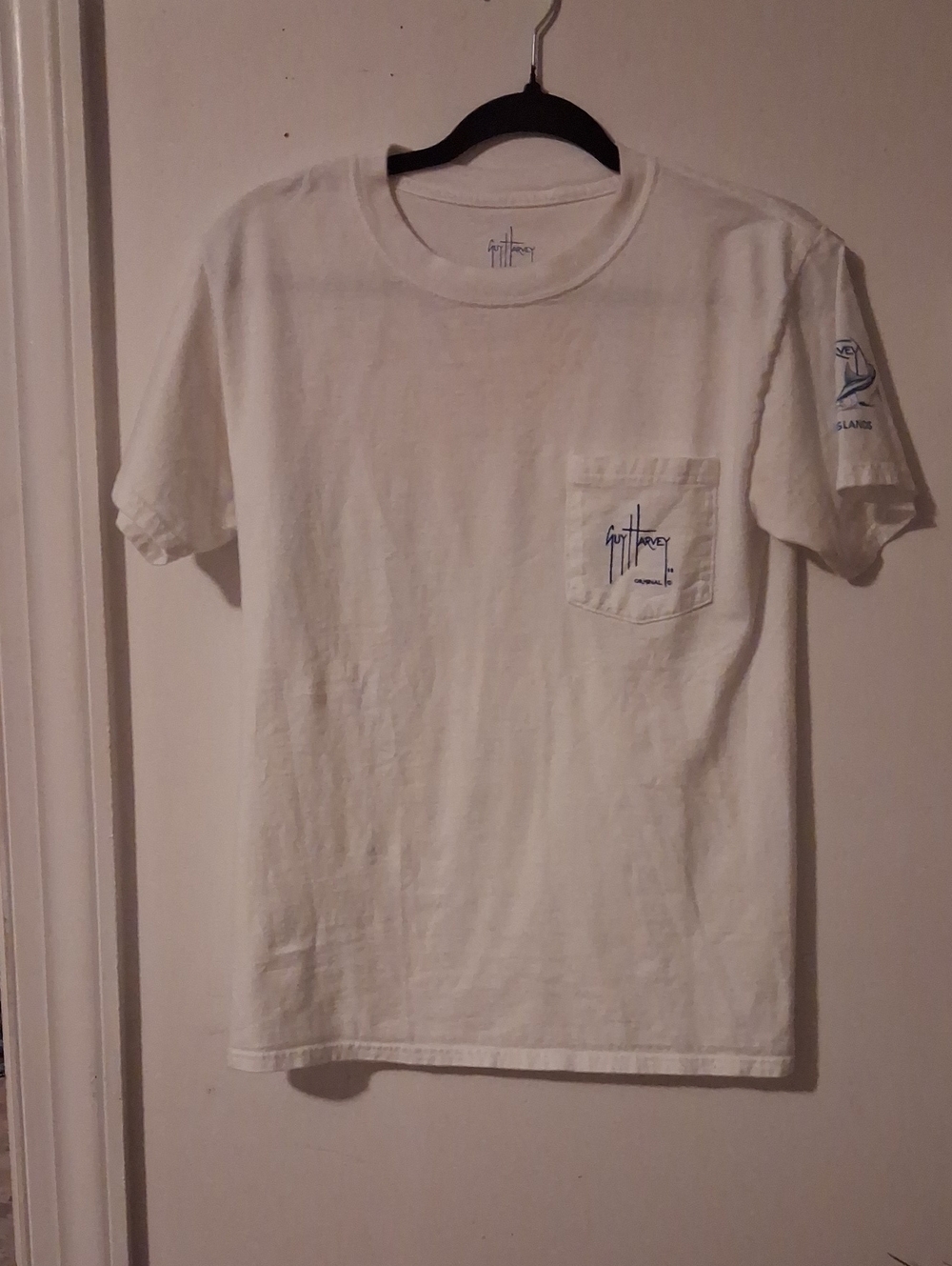 Guy Harvey White Short Sleeve Pocket Tee with Blue Logo on Pocket and Sleeve